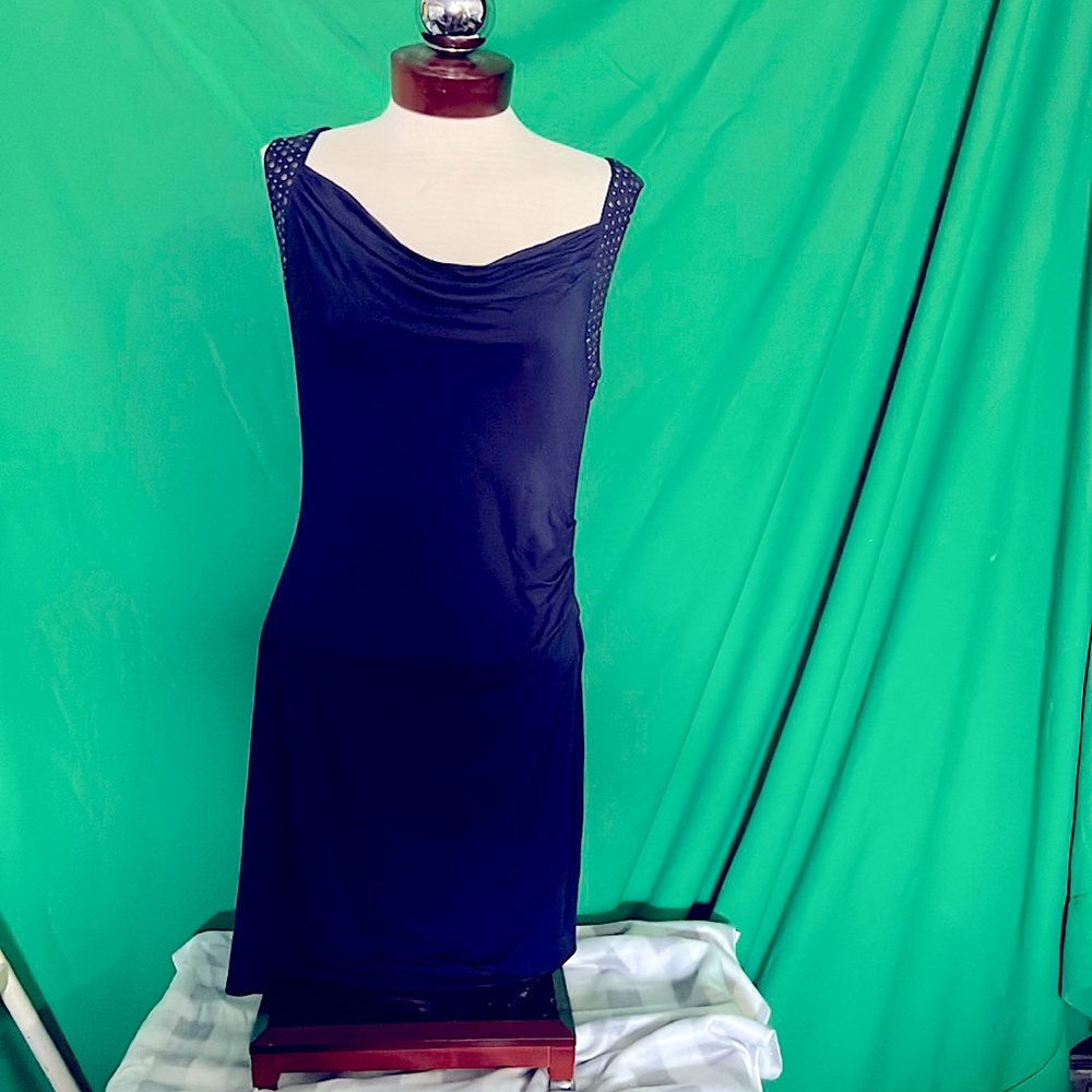 Michael Kors navy jersey sleeveless dress with metallic accents